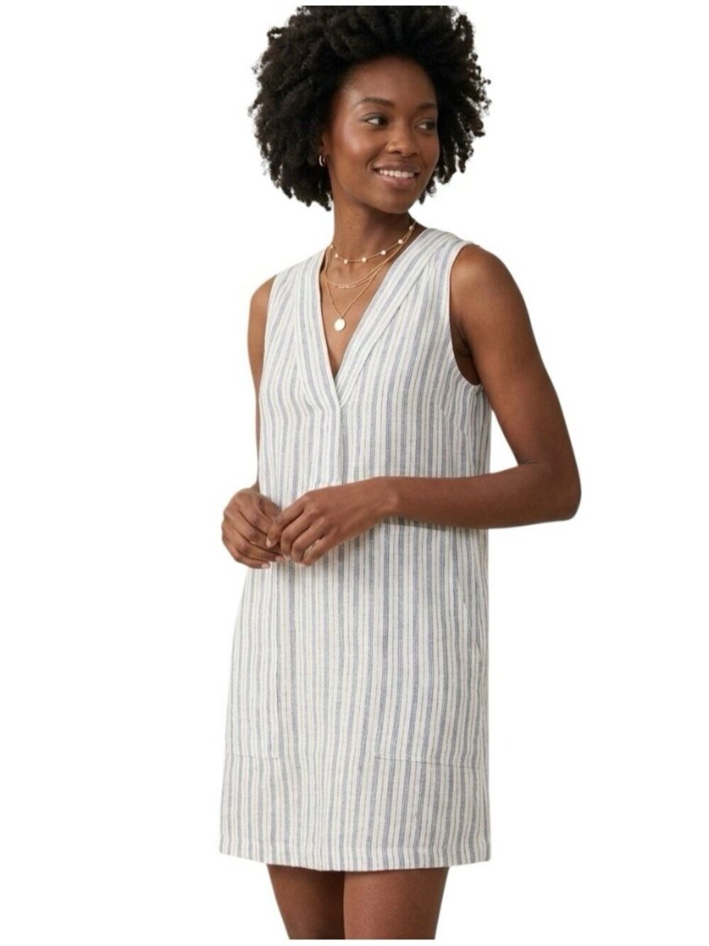 Faherty Azure Dress Women XXS Blue Cream Stripe Coastal V-Neck Mini Pockets